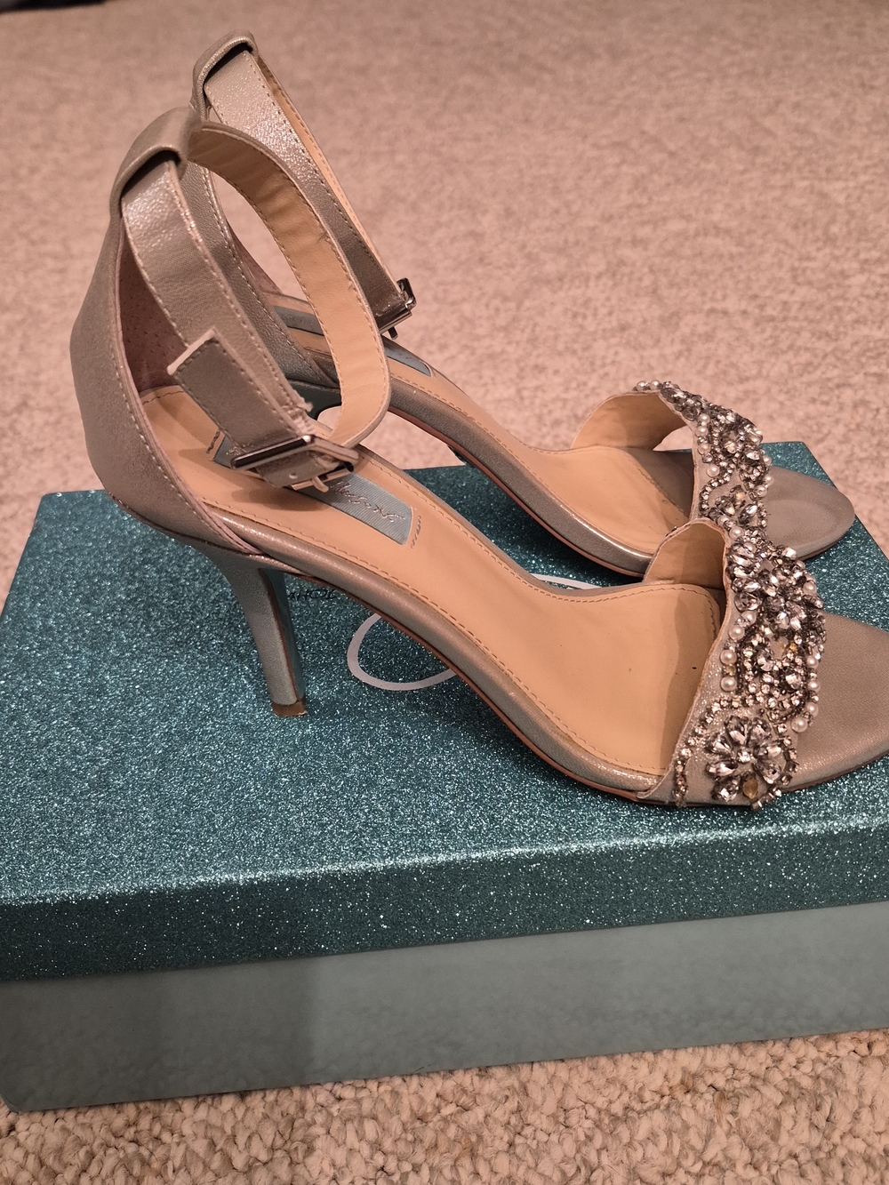 Betsey Johnson Silver Crystal Embellished Open Toe Ankle-Strap Heels